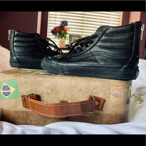 Vans black on black leather sk8-hi Women 6 Men 4.5